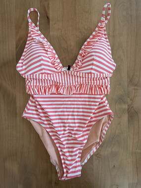 J.Crew Pink and White Striped Ruffle V-Neck One-Piece Swimsuit